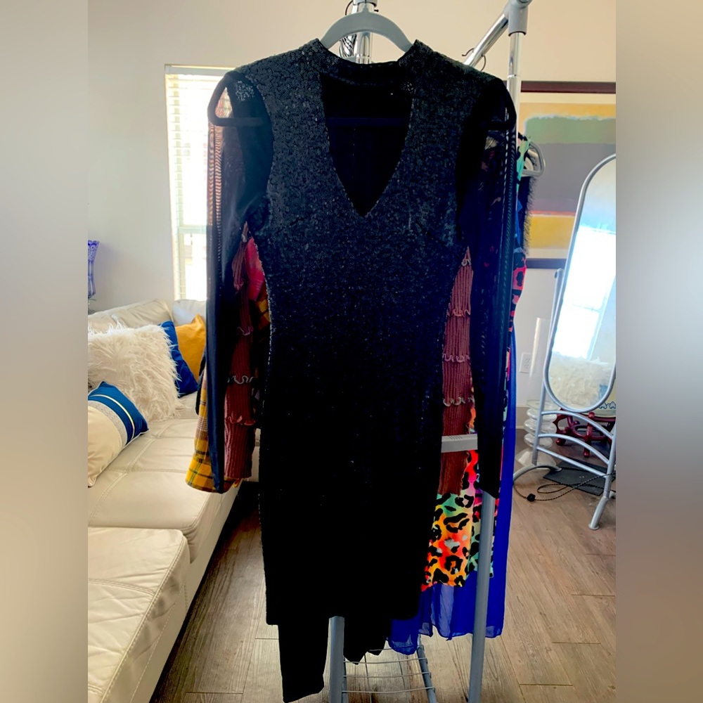 Sequin little black dress with sheer sleeves and front panel, medium